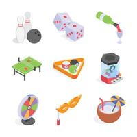 This set features various isometric icons representing arcade games and entertainment activities. vector