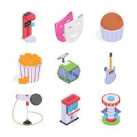 This set of colorful isometric icons depicts various entertainment and leisure activities. vector