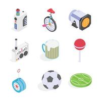 This set features colorful, isometric icons depicting various entertainment and leisure items. vector