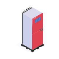 An isometric illustration of a modern red refrigerator on a black pallet. vector