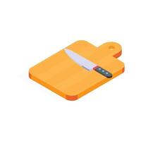 A simple, colorful isometric illustration of a wooden cutting board with a knife vector