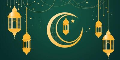 Ramadan Kareem Greeting Card with Crescent Moon and Lanterns vector