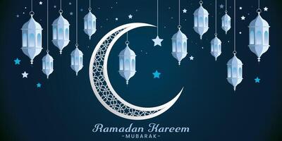 ramadan kareem greeting card with moon and lanterns vector