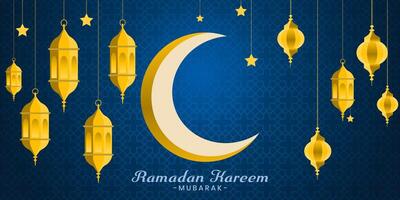 ramadan kareem greeting card with gold lanterns and crescent vector