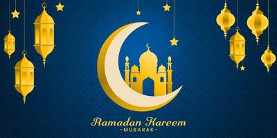 ramadan kareem greeting card with mosque and lanterns illustration vector