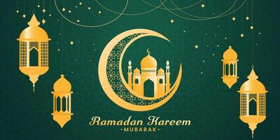 ramadan kareem greeting with lanterns and mosque on green background vector