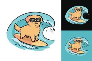 Bold and Vibrant Surfing Dog Illustration Featuring a Happy Pup with Shades, a Surfboard, and a Stunning Coastal View vector