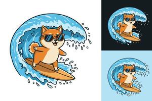 Flat and Minimalist Surfing Dog Logo Featuring a Cute Puppy with Sunglasses Balancing on a Surfboard in a Vibrant Ocean Scene vector