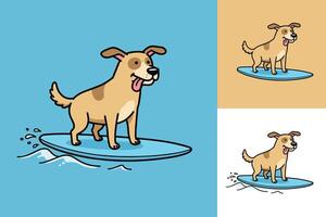 Creative and Fun Dog Surfing Illustration Featuring a Happy Pup with Sunglasses Gliding Over the Waves in a Minimalist Beach Design vector
