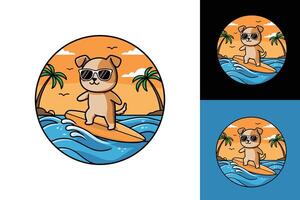 Vibrant Colorful Adobe Illustrator Artwork of a Playful Dog in Sunglasses Riding a Surfboard Against a Stunning Beach Backdrop vector