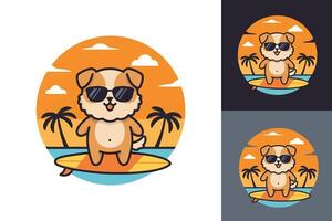 Minimalist Flat Illustration of a Cool Surfing Dog Wearing Shades and Catching a Wave with a Palm Tree-Lined Shoreline vector