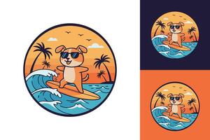 Adorable Surfing Pup Wearing Stylish Shades and Riding the Waves with a Scenic Palm Tree and Beach Background vector