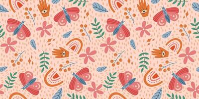 Seamless Butterfly and Floral Pattern with Mystical Symbols, Hand Drawn Botanical Elements, and Soft Vibrant Colors on Light Beige Background for Textiles and Crafts vector