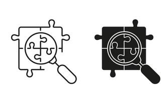 Puzzle Parts with Magnifier Line and Silhouette Icon Set. Teamwork Connection, Problem Solving Outline Sign. Editable Stroke. Isolated Illustration vector
