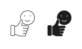 Best Customer Feedback Pictogram. Happy Face, Like Symbol. Positive Emoji Button. Thumb Up With Emoticon Line and Silhouette Icon Set. Editable Stroke. Isolated Illustration vector