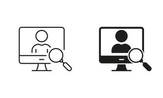 Employee Candidate, Job Recruitment, Work Opportunity Symbol. HR Research in Computer Line and Silhouette Icon Set. Human Resources Icon. Editable Stroke. Isolated Illustration vector