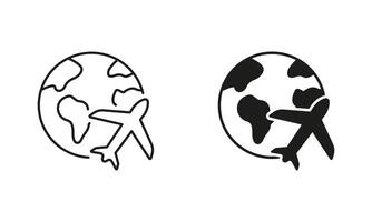 Globe with Plane Line and Silhouette Icon Set. Airplane with Planet Earth Symbol. Air Transport Sign. Editable Stroke. Isolated Illustration vector