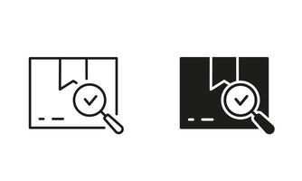 Carton Box with Checkmark and Magnifier. Checked Parcel Line and Silhouette Icon Set. Delivery Service Symbol. Editable Stroke. Isolated Illustration vector