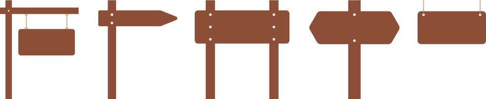 Set of wooden sign board or plank. Rustic wooden panel, rectangular, arrow-shaped, hung with rope and decorated with nails on a white vector