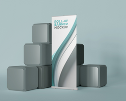 Premium Roll-Up Banner Mockup with 3D Box in the Background psd