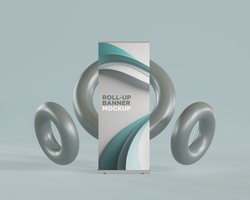 Roll-Up Banner Mockup with Floating 3D Donut in the Background psd