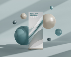 Minimalist Roll-Up Banner Mockup with Floating 3D Ball psd