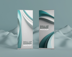 Two Roll-Up Banner Mockups with a Slightly Hilly Background psd