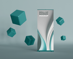 Simple Roll-Up Banner Mockup with Floating 3D Box psd
