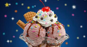 A glass bowl with ice cream and toppings photo