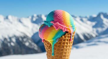 An ice cream cone with rainbow colored ice cream on top photo