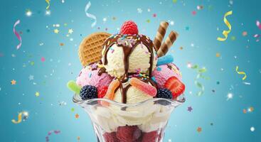 An ice cream sundae with chocolate, berries and ice cream photo