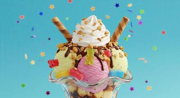 An ice cream sundae with a scoop of ice cream and toppings photo