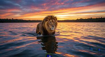 A lion standing in the water at sunset photo