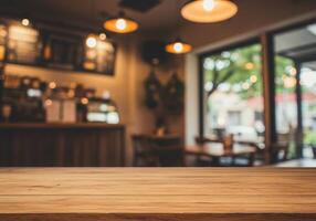 Table top in coffee shop with blurred background photo