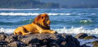 A lion sitting on a rock by the ocean photo
