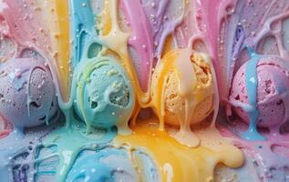 Colorful ice cream balls with melted paint photo