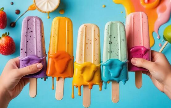 Popsicles with colorful ice cream on a blue background photo