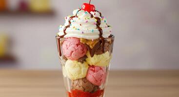 An ice cream sundae with toppings in a glass photo