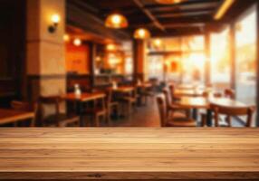 Wooden table top over restaurant interior with blurred background photo