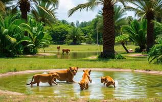 A group of dogs playing in a pond photo