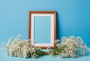 Bouquet of baby's breath and frame on blue background photo