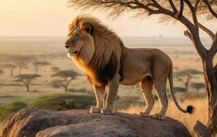 A lion stands on a rock in the middle of a savannah photo