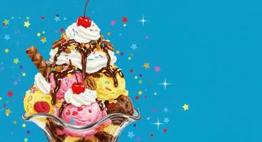 An ice cream sundae with toppings and confetti photo