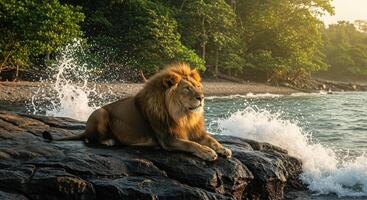 A lion sitting on the rocks near the ocean photo