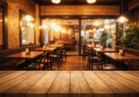 Wooden table top in restaurant with blurred background photo
