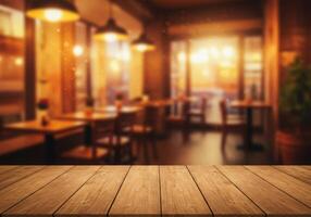 Wooden table top with restaurant interior photo