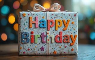 Happy birthday gift box on table with bokeh background photo