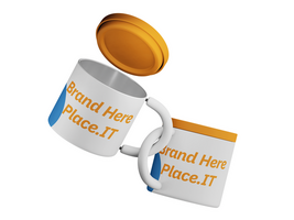 Floating insulated mug with open yellow lid, showcasing interior and customizable branding area psd