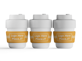 Group of three reusable cups with yellow branding sleeves displayed together on white background psd