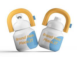 Three insulated water bottles with customizable branding and ergonomic yellow handles, standing in a row psd